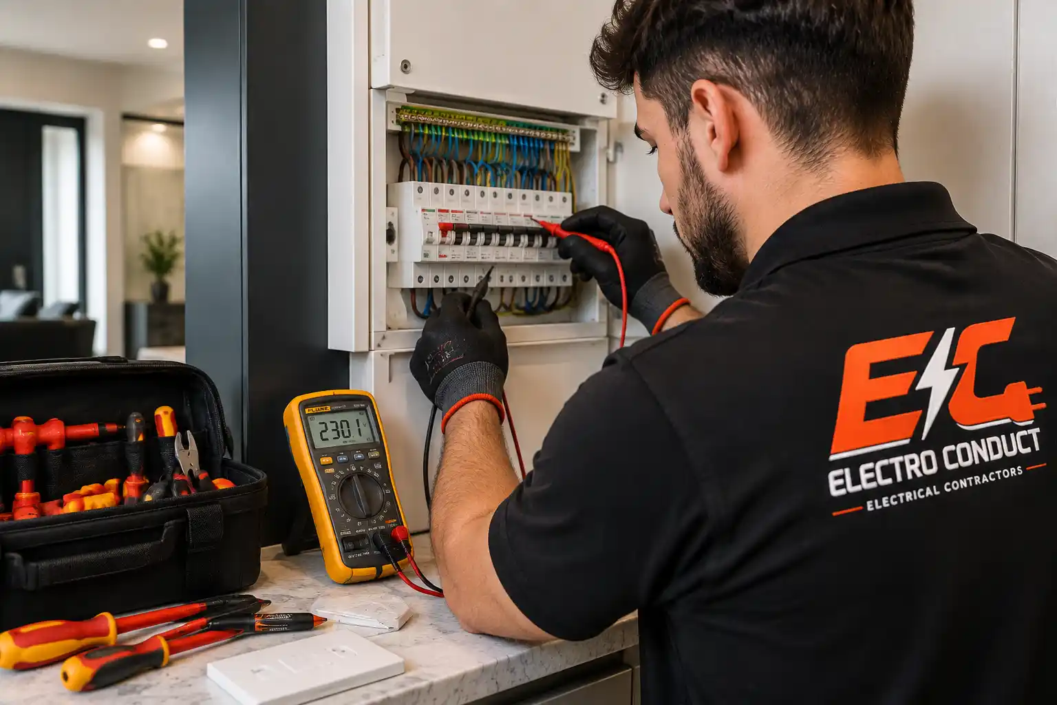 Electro Conduct electrician carrying out electrical fault finding and repairs in London