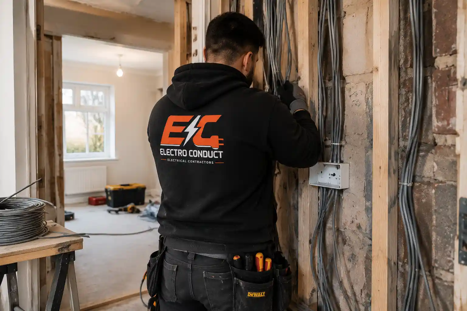 Electro Conduct electrician carrying out electrical rewiring in a London property