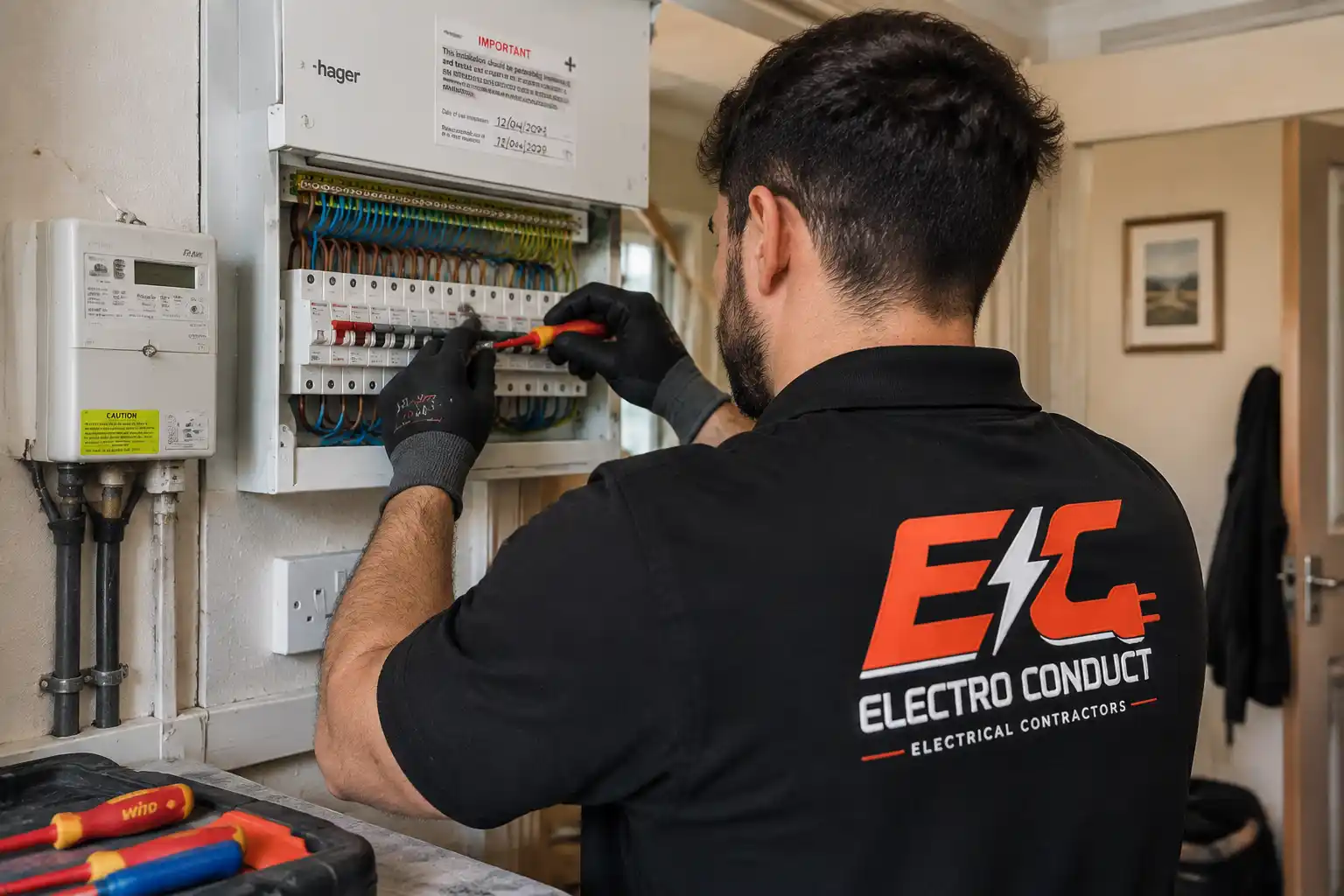 Electro Conduct electrician upgrading a consumer unit in a London property