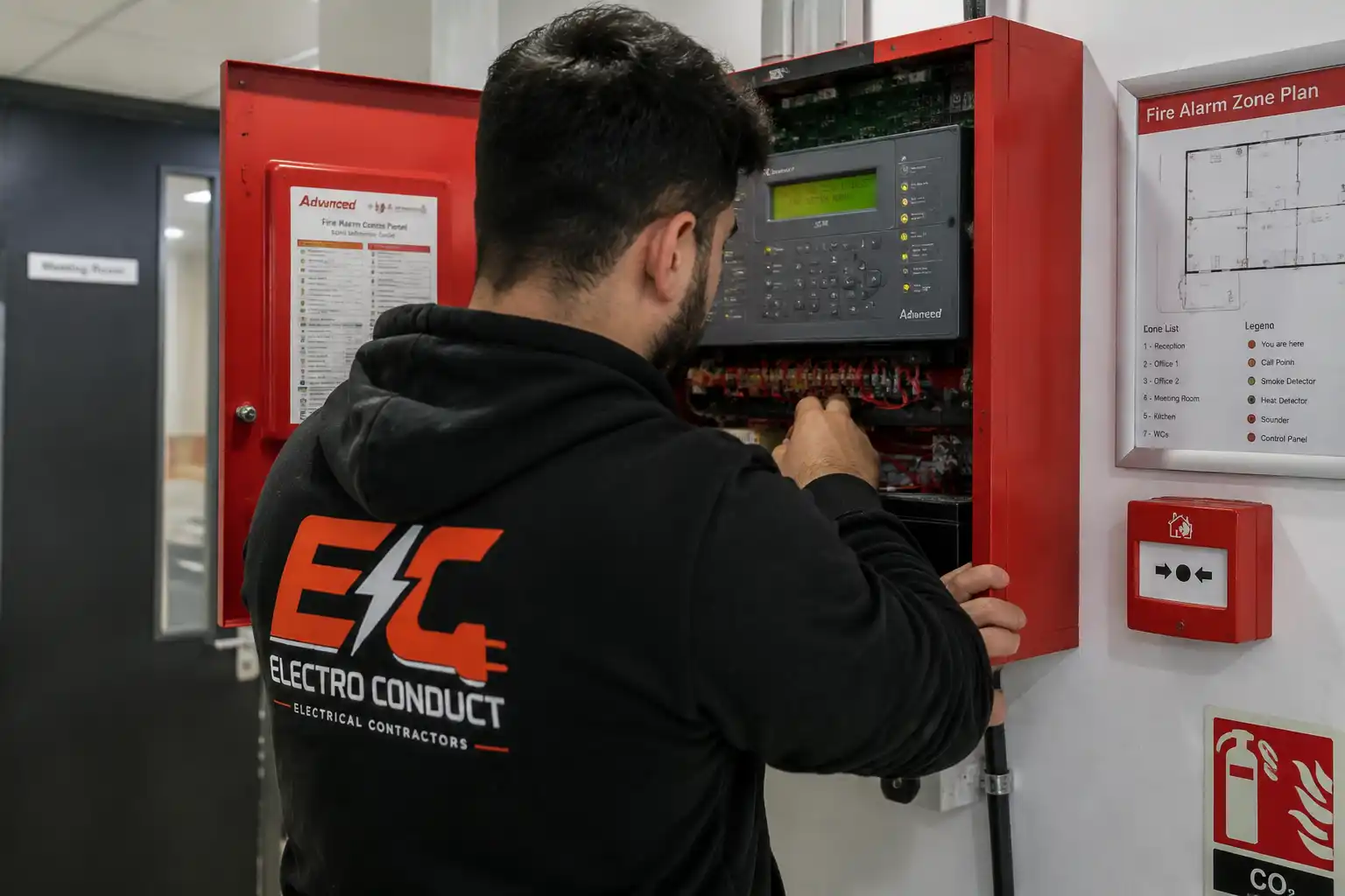 Electro Conduct electrician installing and testing a fire alarm system in a London property