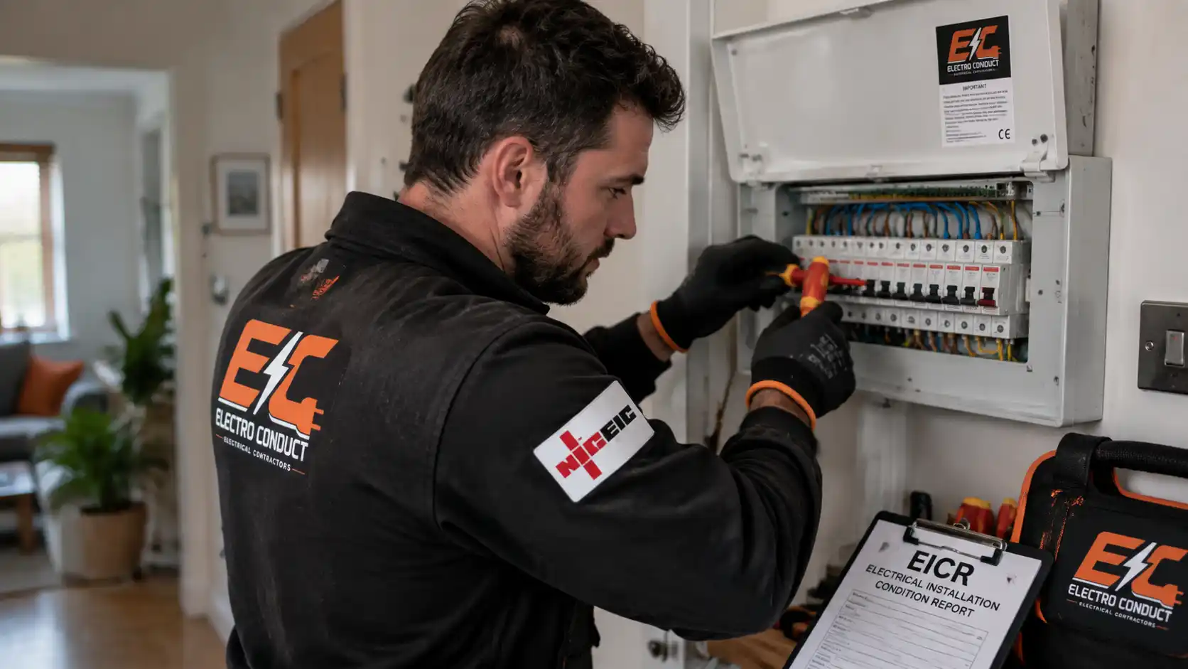Electro Conduct electrician carrying out EICR testing on a consumer unit